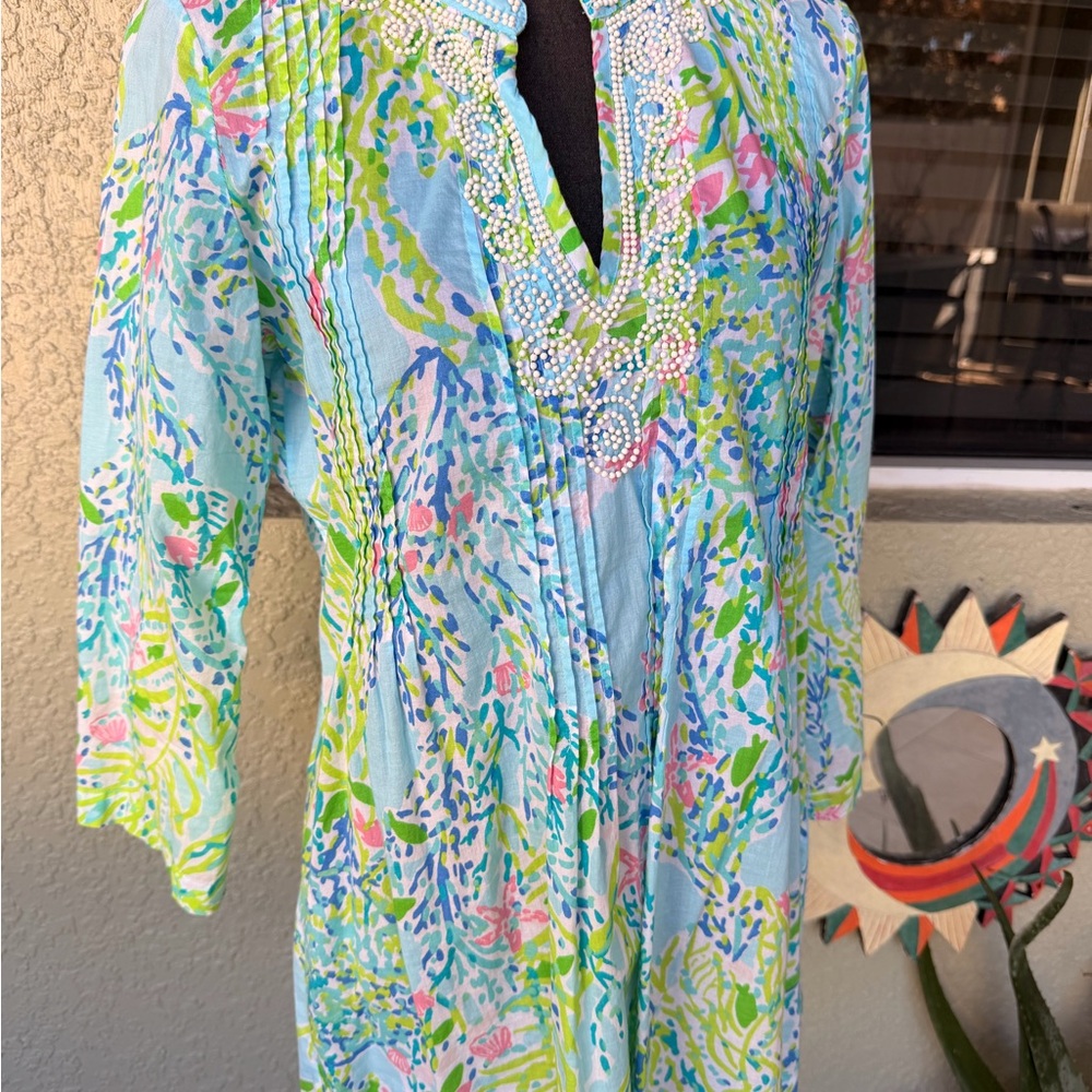 Lilly Pulitzer Beaded Tunic Top Blue Green Print Size - Picture 2 of 9